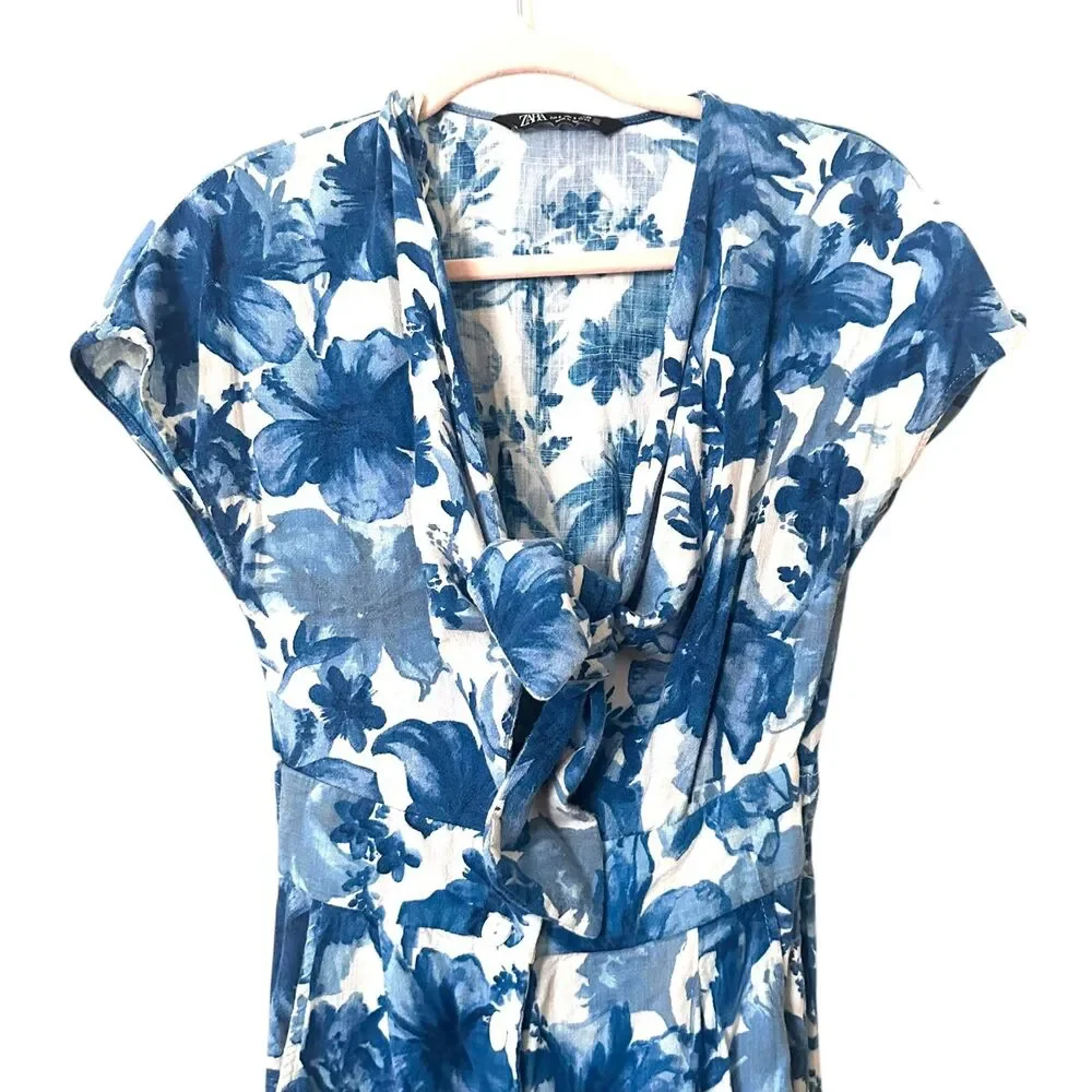 ZARA Floral Tie Front Linen‎ Blend Jumpsuit Blue Small